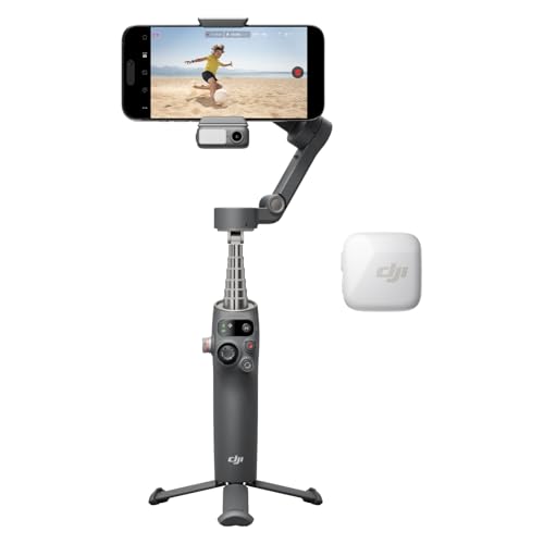 DJI Osmo Mobile 7P + Mic Mini TX (Bianco artico), Stabilizzatore per iPhone, Android, Tracciamento nativo, Ricezione audio, Illuminazione, Stabilizzatore 3 assi per smartphone, Manico telescopico