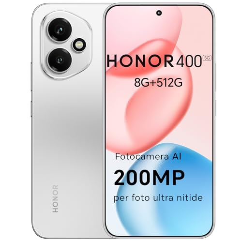 HONOR 400 Smartphone 5G Dual SIM NFC, 8GB/512GB, 200MP con AI fotografica, 6.55 pollici AMOLED Eye-Care Display 5000nit, 5300 mAh, Snapdragon 7 Gen 3, Android 15, Meteor Silver, [Versione italiana]